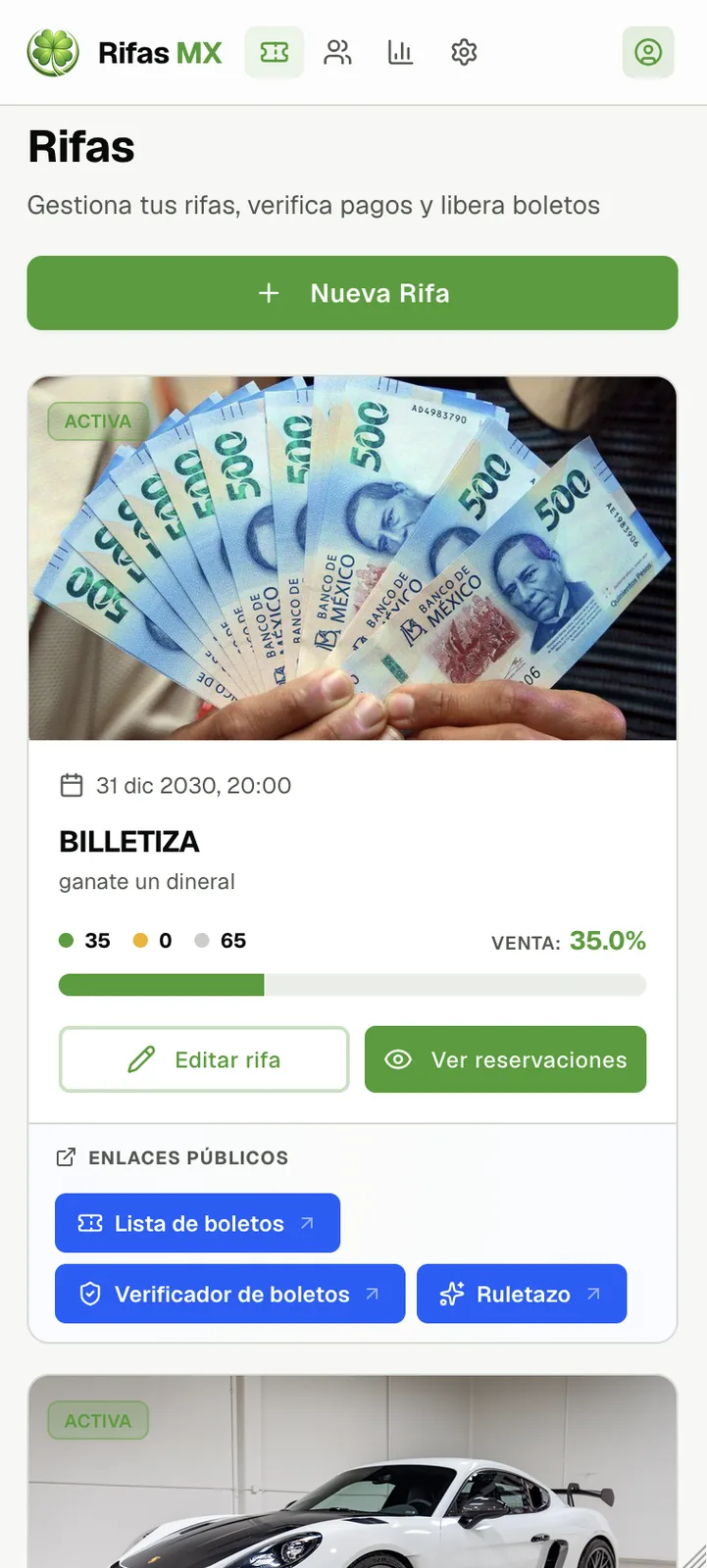 Panel de administración de Rifas MX — gestión de boletos y pagos